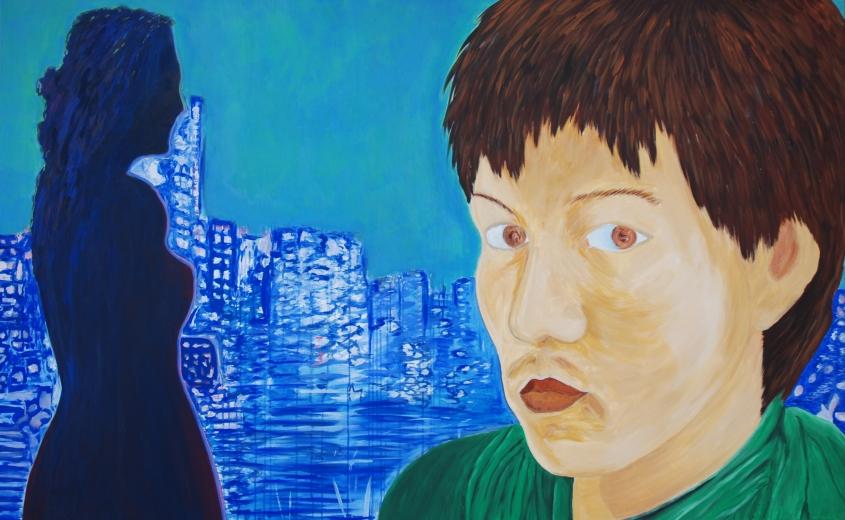 Kerstin Wüstenhöfer-Loges, Malerei, “Erwartung oder R und T <br> in Tokio“ , Acryl auf Leinwand,120 cm x 190 cm